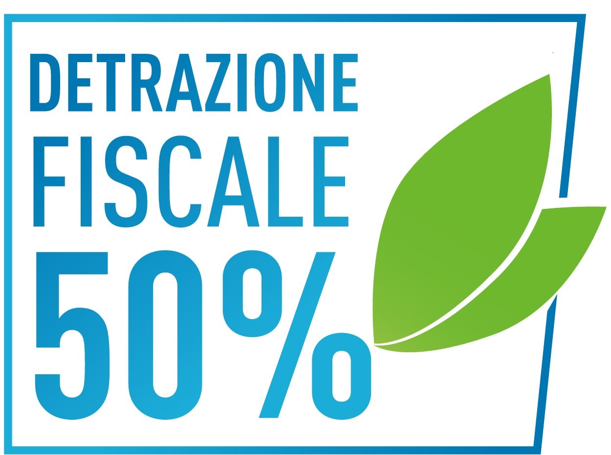 Grafica “Detrazione fiscale 50%” con una foglia verde