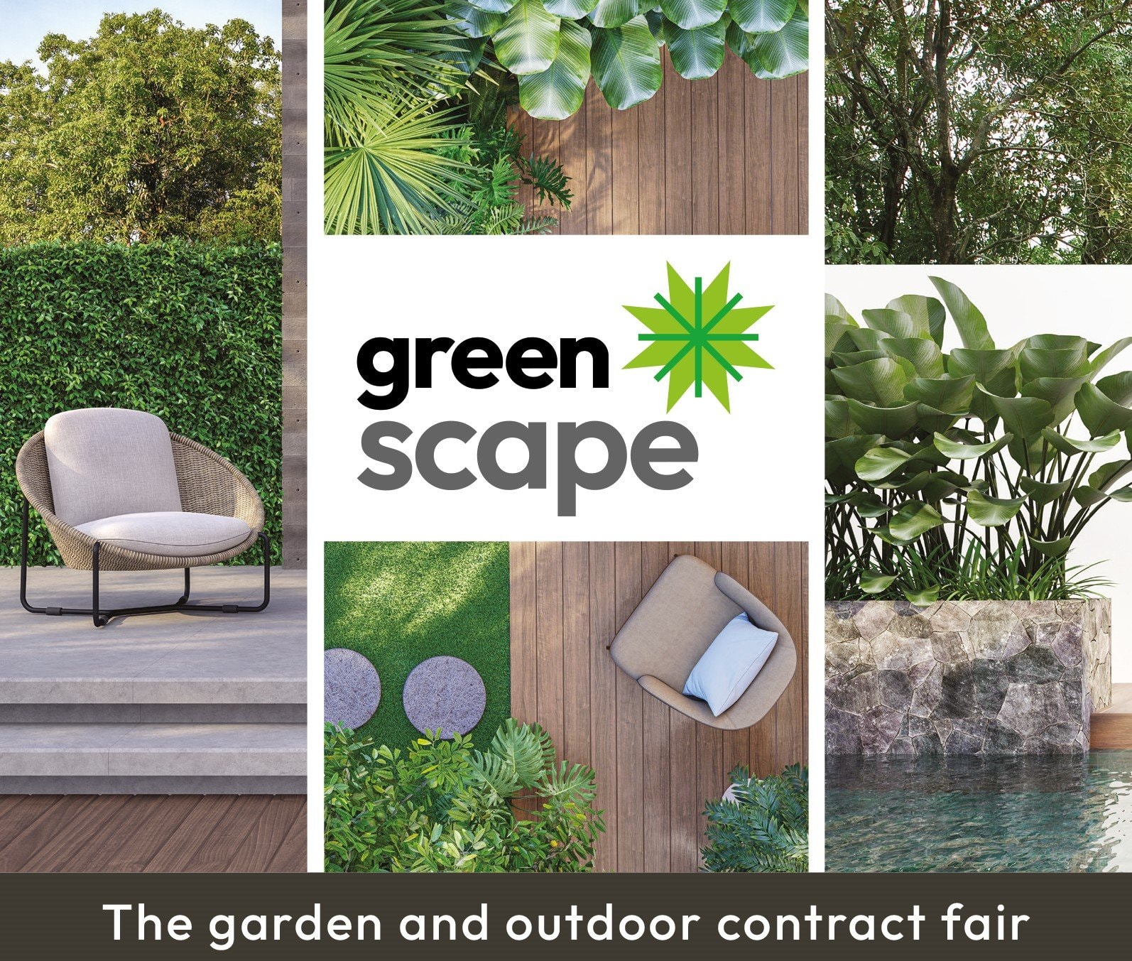 Locandina di Greenscape, la fiera del giardino e dell’outdoor contract, con piante, pavimenti in legno e poltroncine da esterno