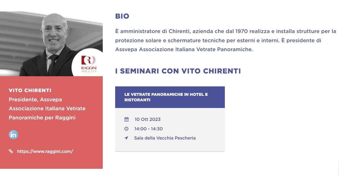Scheda del seminario di Vito Chirenti, presidente di Assvepa, per Raggini: Le vetrate panoramiche in hotel e ristoranti, 10 ottobre 2023