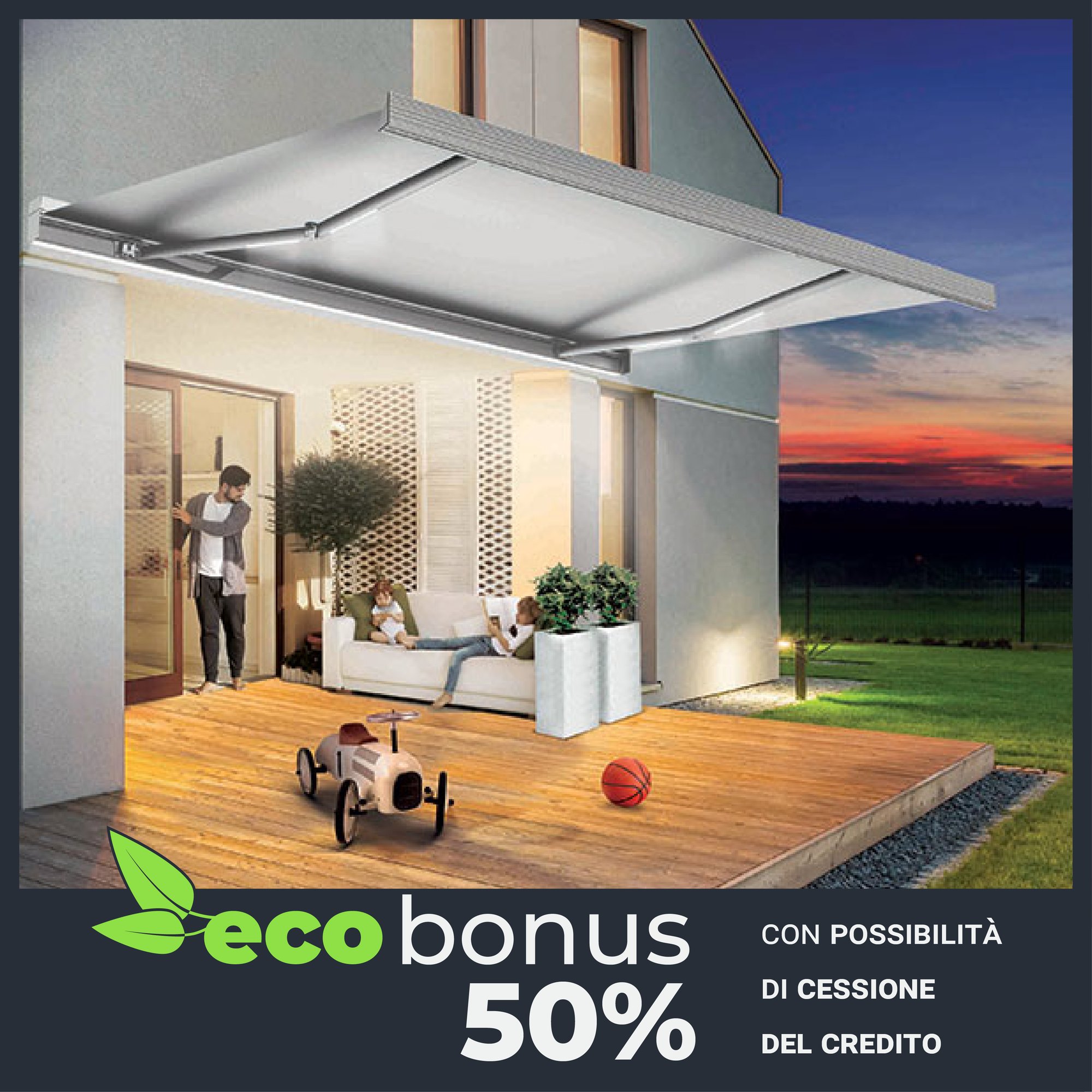Casa moderna con tenda da sole bianca sulla terrazza al tramonto e la scritta “Ecobonus 50% con possibilità di cessione del credito”