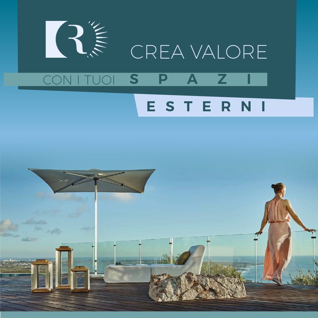 Grafica Raggini “Crea valore con i tuoi spazi esterni”: ombrellone, lanterne e una donna su una terrazza sul mare