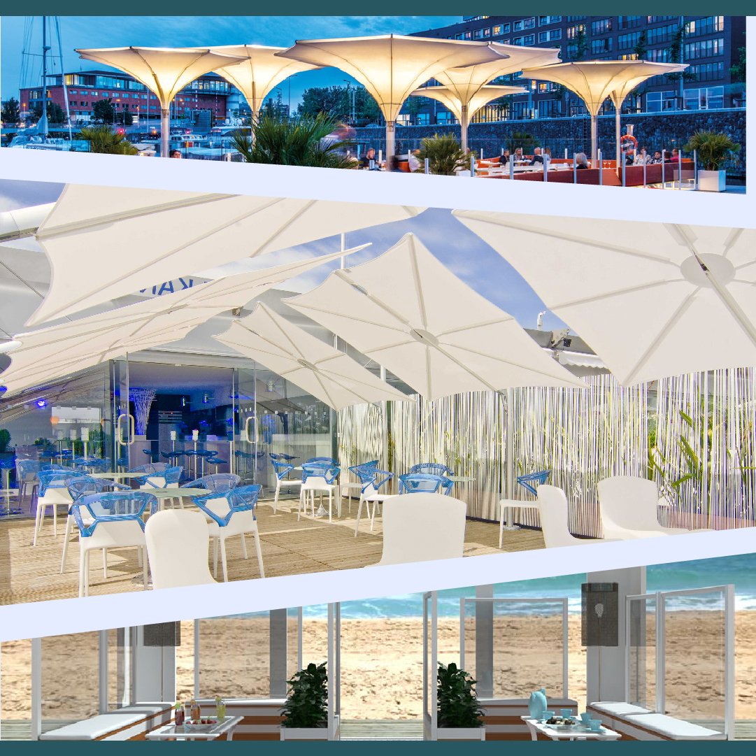 Collage di ombrelloni e vele ombreggianti per ristoranti, stabilimenti balneari e spiagge