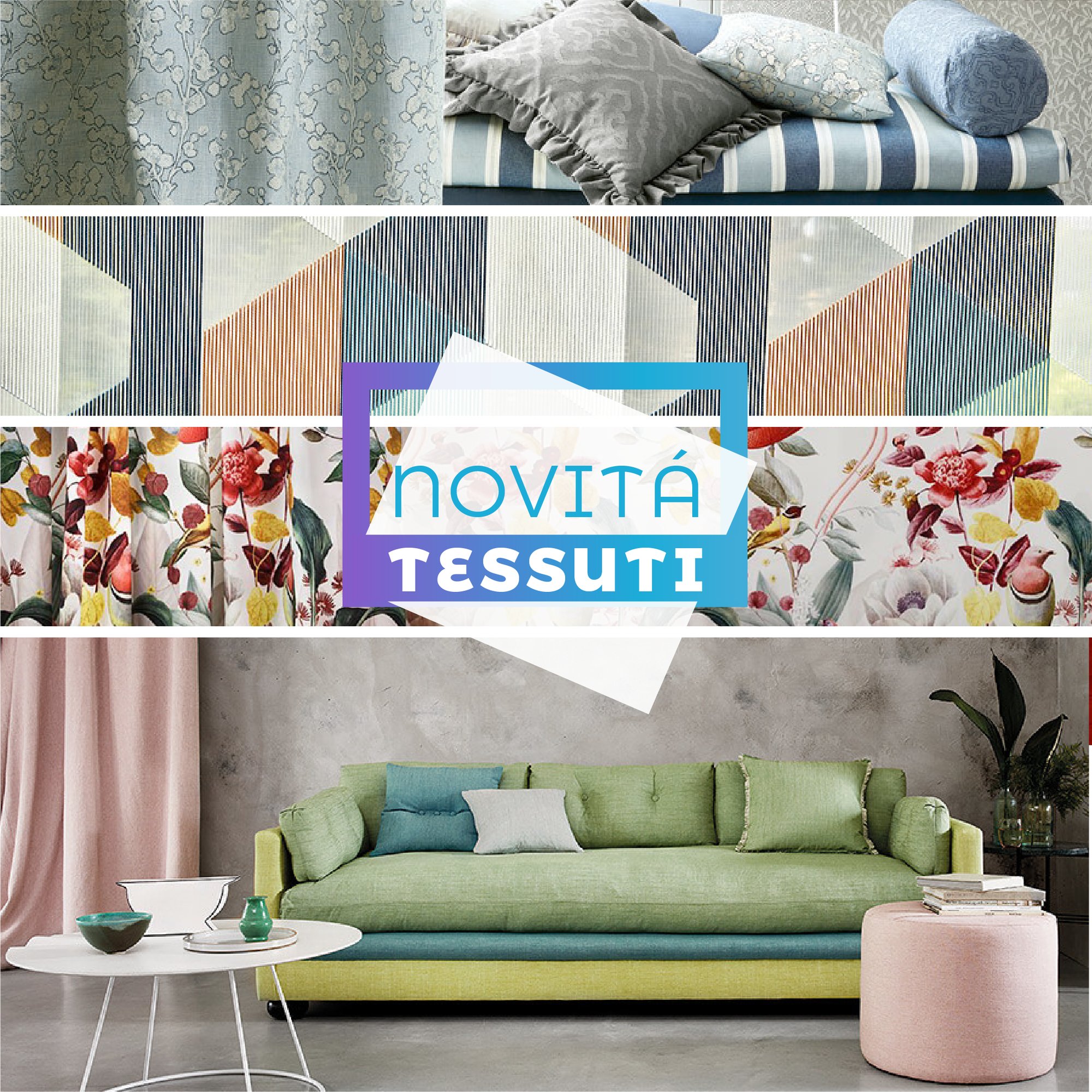 Collage “Novità tessuti”: cuscini in velluto, stoffe geometriche e floreali e un divano verde pastello