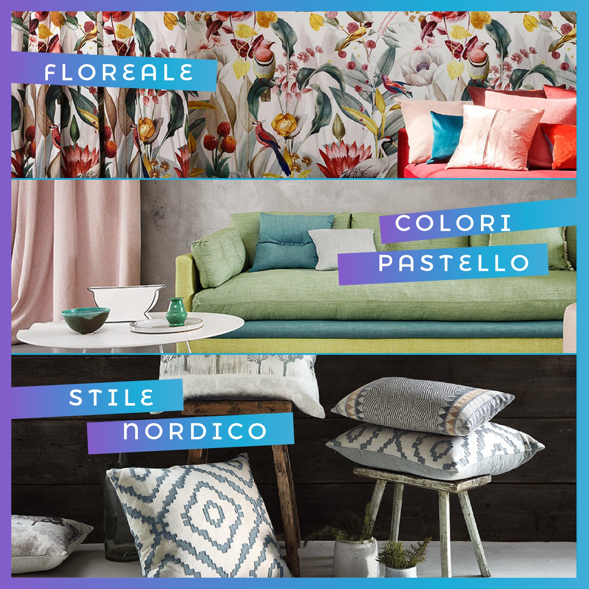 Collage delle tendenze tessili 2018: tessuti floreali, divano in colori pastello e cuscini in stile nordico