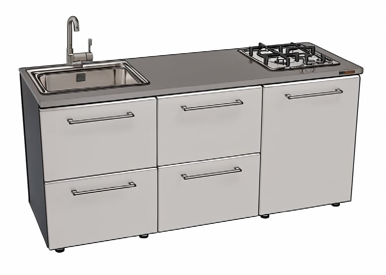 Cucina da esterno con lavello, fuochi e cassetti in acciaio inox