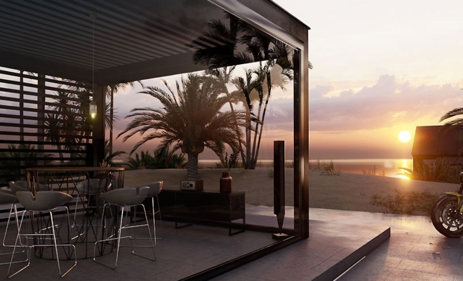 Chiusure Kristal su una pergola affacciata sul mare, al tramonto