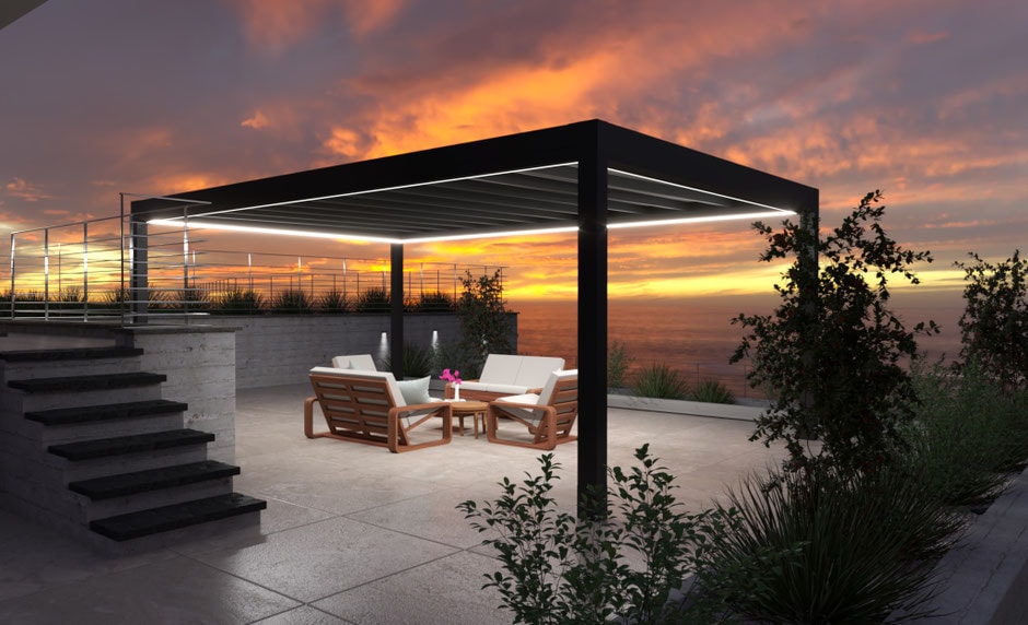 Pergola Blooming su una terrazza al tramonto