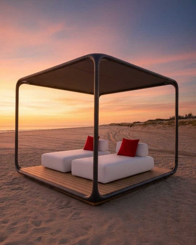 Gazebo 2.0 antracite con pavimentazione in legno sulla spiaggia al tramonto