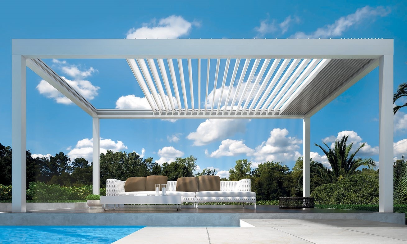Pergola Summerdream bianca con salotto, a bordo piscina