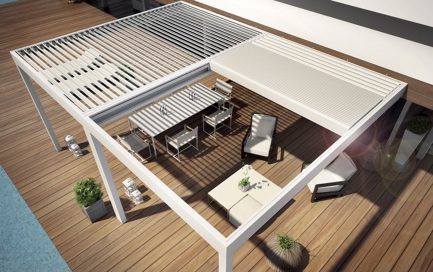 Pergola Sundream con lamelle in parte impacchettate, vista dall’alto