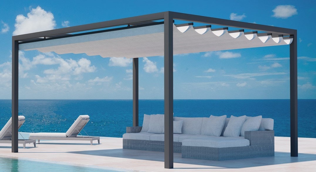 Tendalino Elite Dream antracite sopra un salotto a bordo piscina
