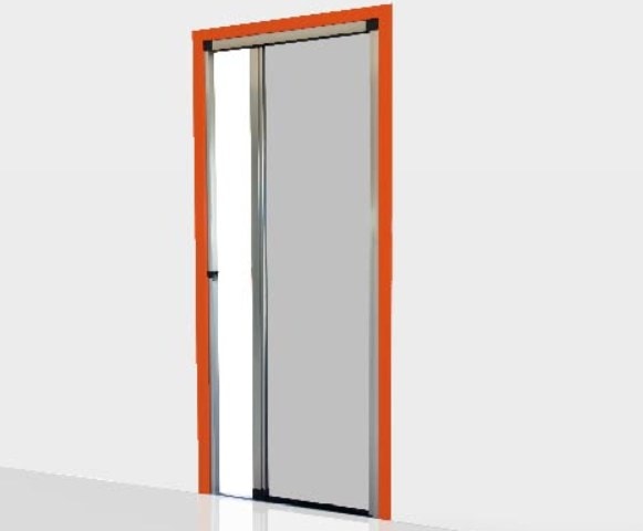Zanzariera Roll Out su una porta, con i profili arancioni