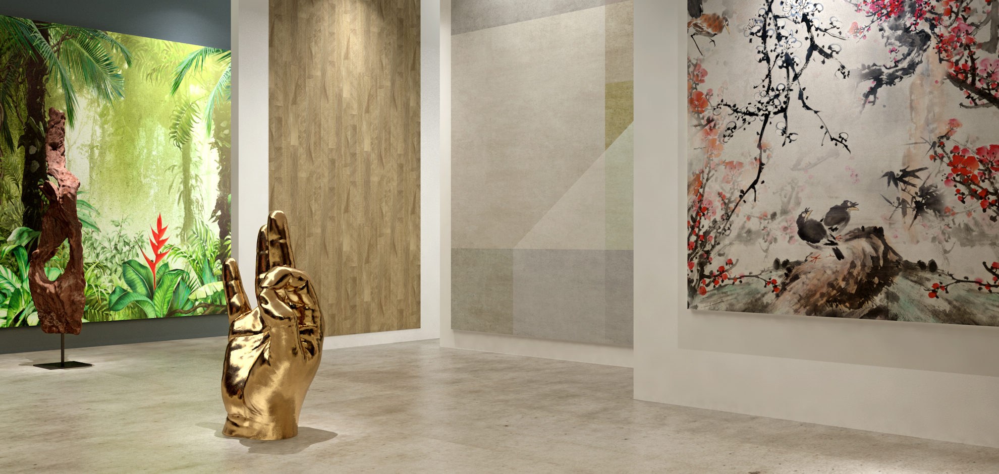 Showroom con pannelli di carte da parati diverse