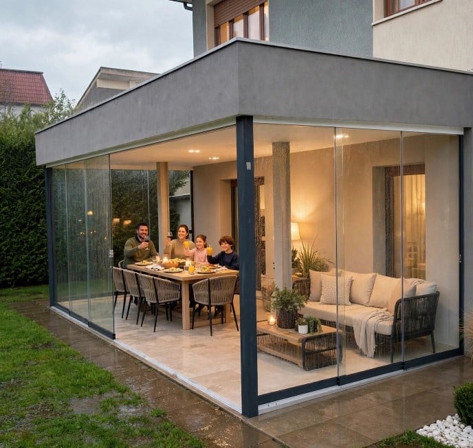 Veranda vetrata illuminata di sera, con una famiglia a tavola e un divano