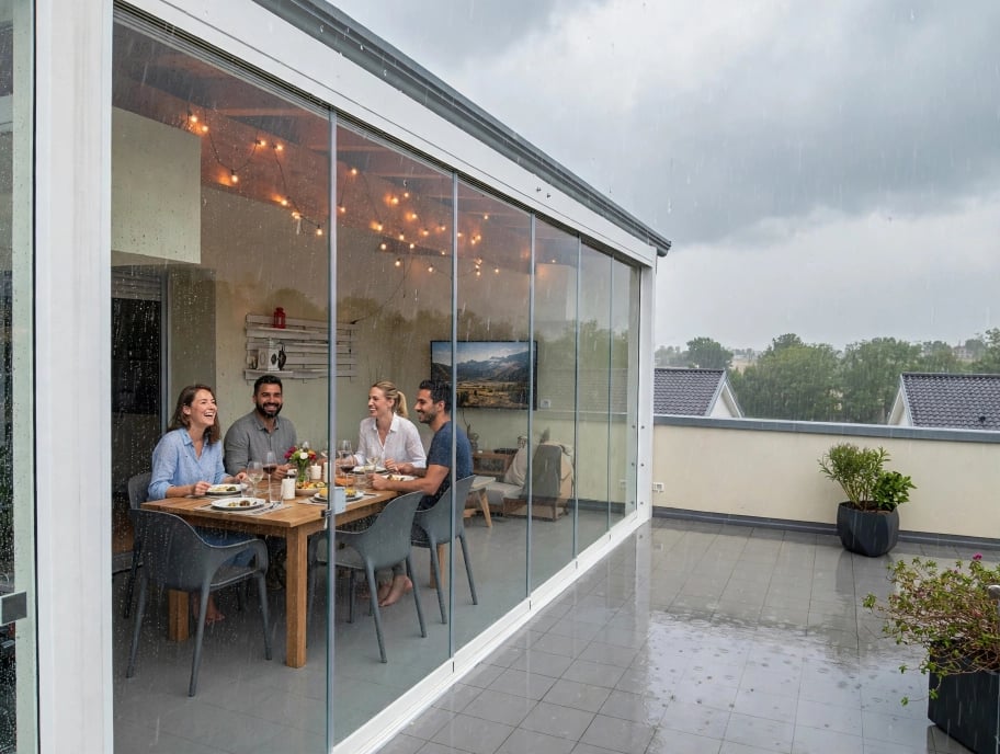 Veranda vetrata illuminata di sera, con una famiglia a tavola