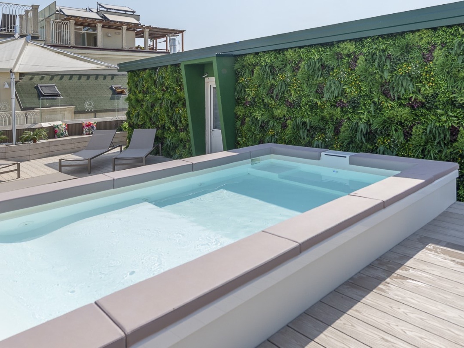 Rooftop dell'Hotel Albatros con piscina idromassaggio, lettini e parete verde
